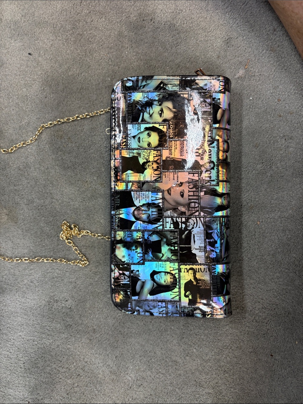 Holographic Photo-Collage Crossbody Bag with Gold Chain